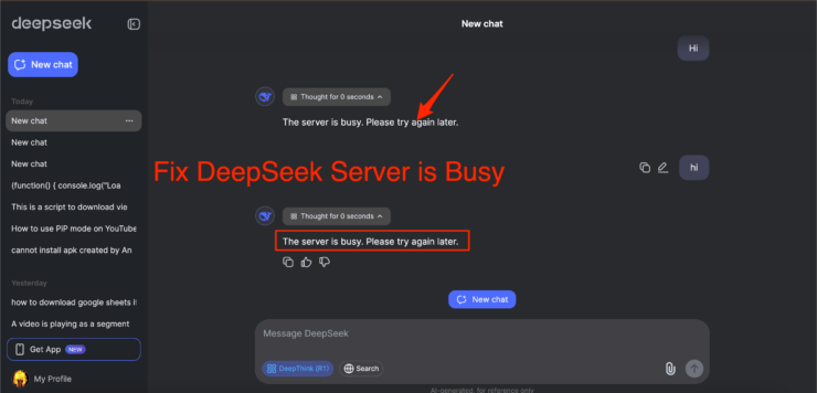 Beheben Sie DeepSeek: Der Server ist beschäftigt. Bitte versuchen Sie es später erneut