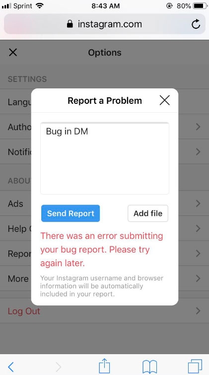 Reportar el problema a Instagram -