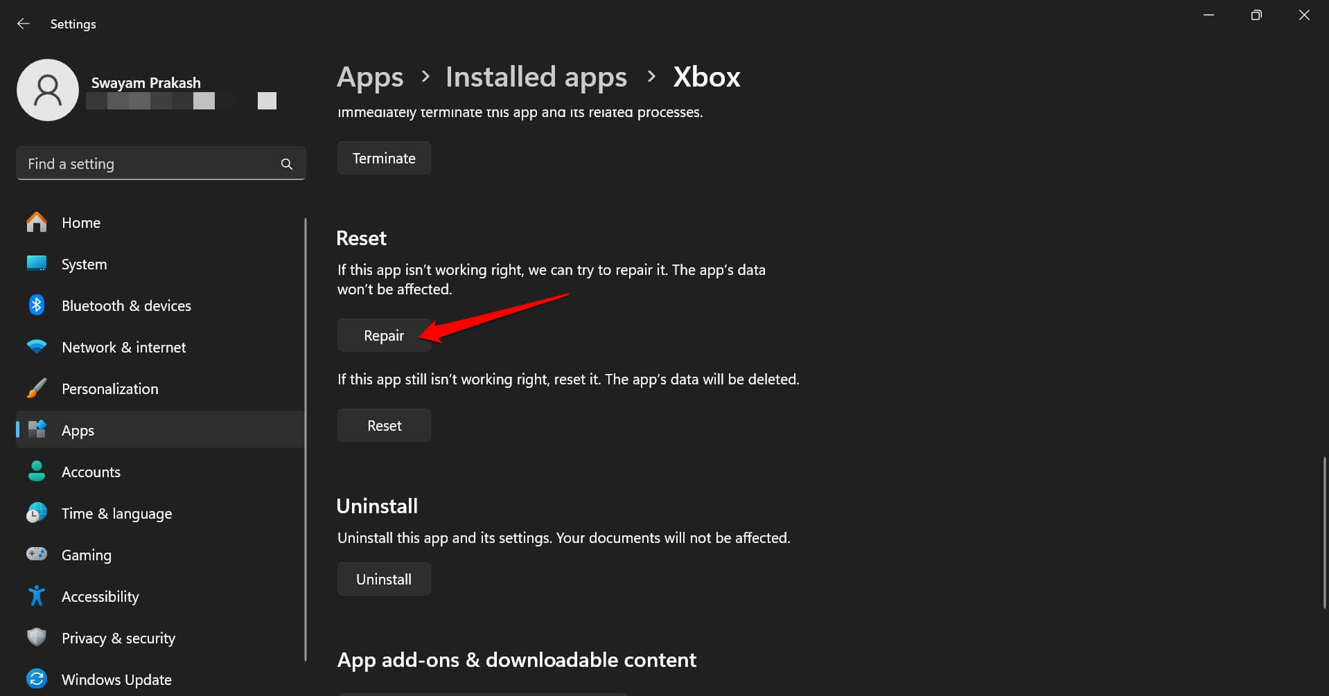 ripara l'app Xbox su Windows