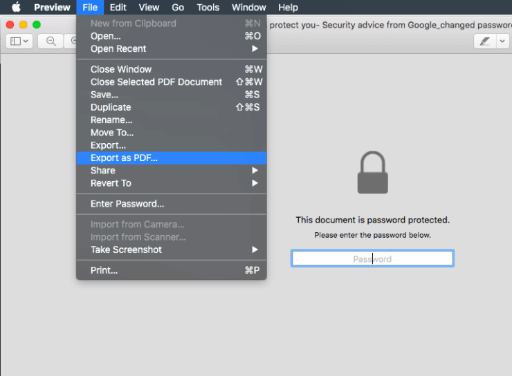 Anteprima Esporta File come PDF e Menubar per Cambiare Password PDF