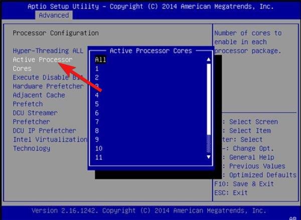 Configurações de Núcleos de Processador Ativos na BIOS