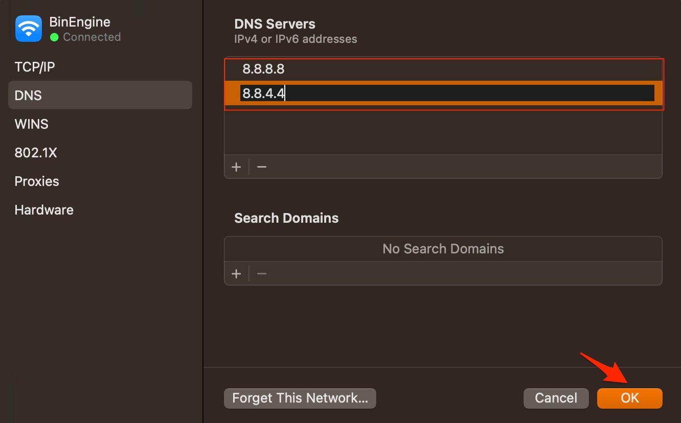 Fai clic su OK dopo aver inserito il DNS