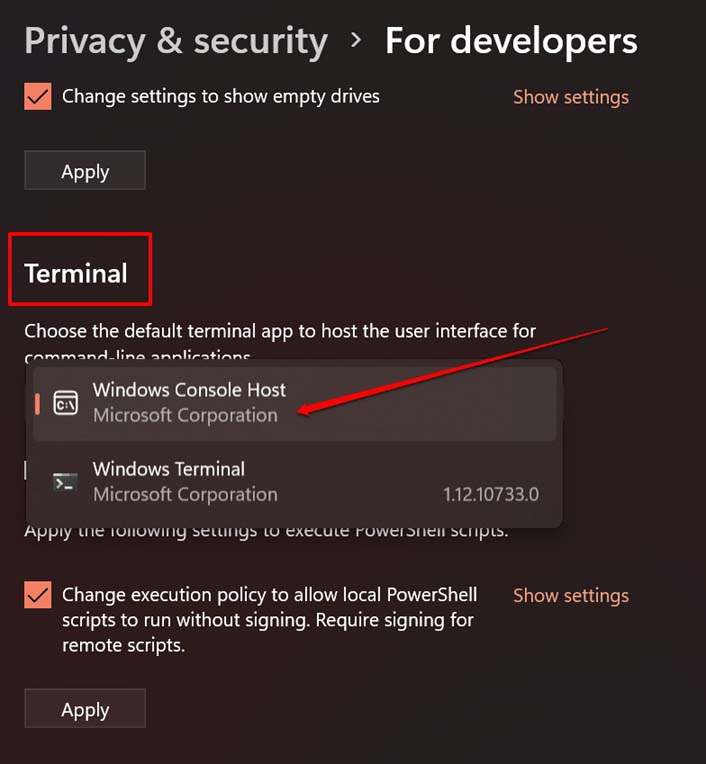 imposta app terminale predefinita su Windows OS