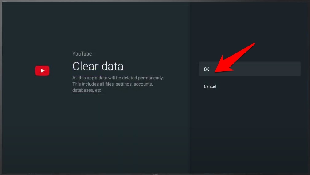 confirmer l'effacement des données de youtube android tv