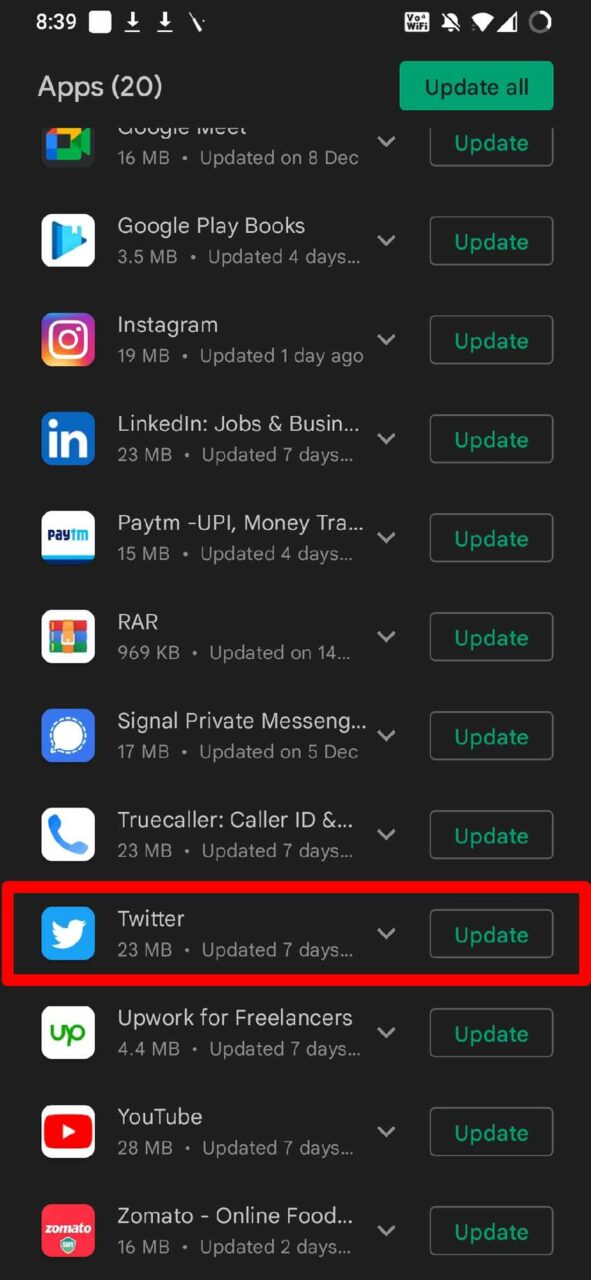 обновить приложение Twitter для Android