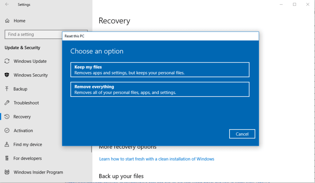 Ripristinare Windows 10