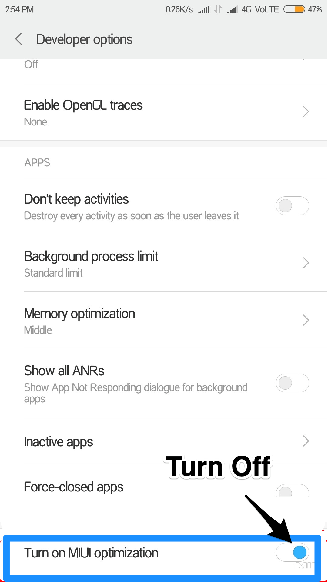 Disattiva ottimizzazione MiUI