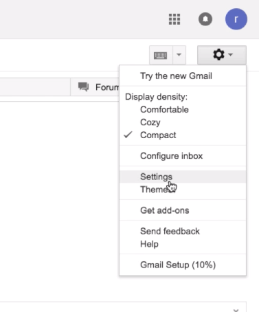 Paramètres Gmail sous l'icône d'engrenage