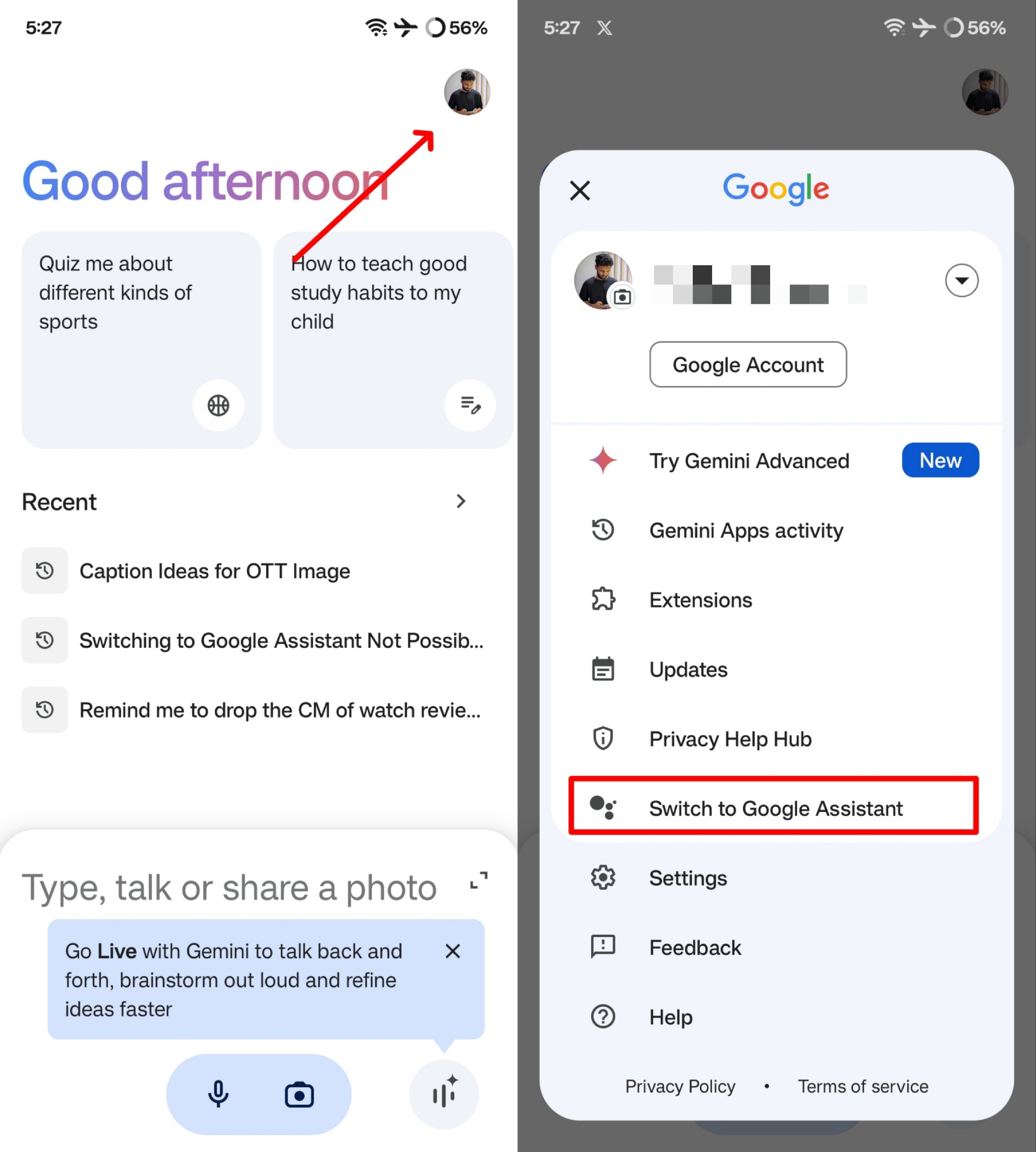 Tippen Sie auf Zu Google Assistant wechseln