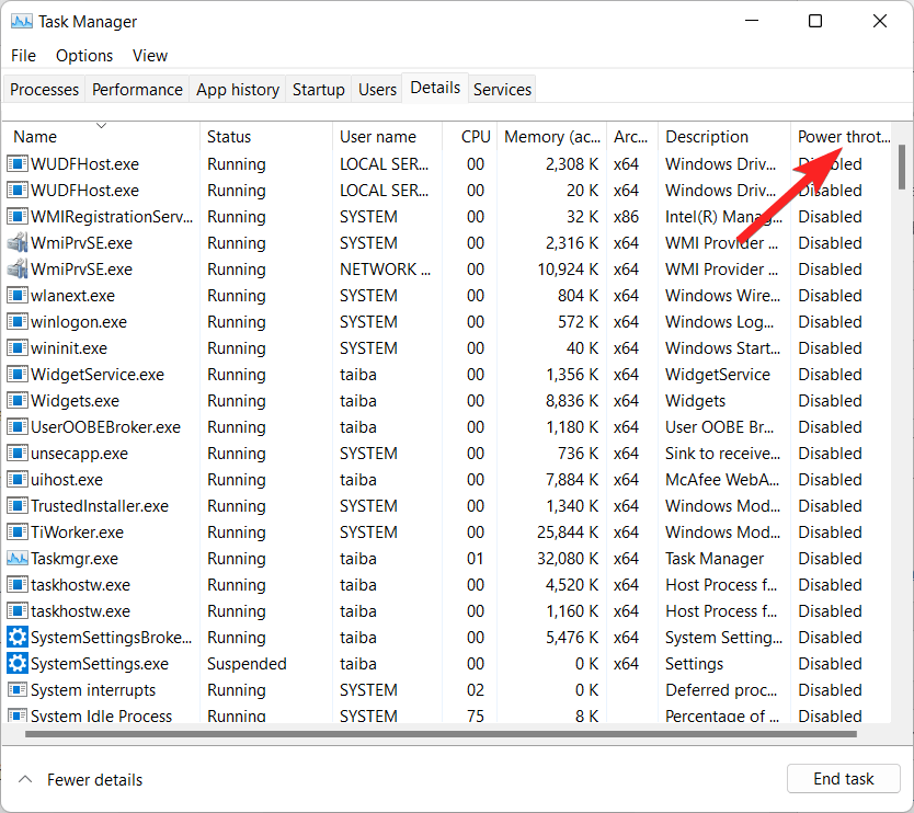 Colonna Power throttling nella scheda dettagli