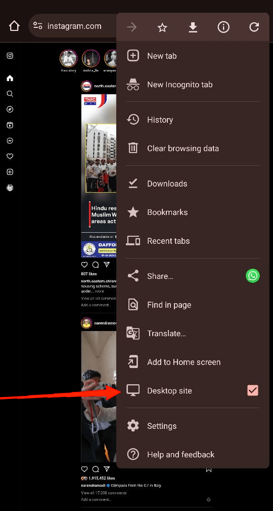 Una volta che sei sul sito, fai clic sull'icona del menu a tre punti e seleziona 'Sito Desktop'.