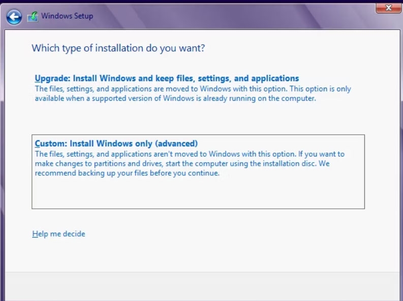 Personalizzato: Installa solo Windows (avanzato)