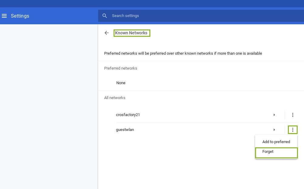 Disabilita Tutte le Reti Preferite - Errore Rete Non Disponibile su Chromebook