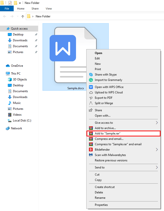 scegli (Aggiungi a “Sample.rar”) per creare un file compresso