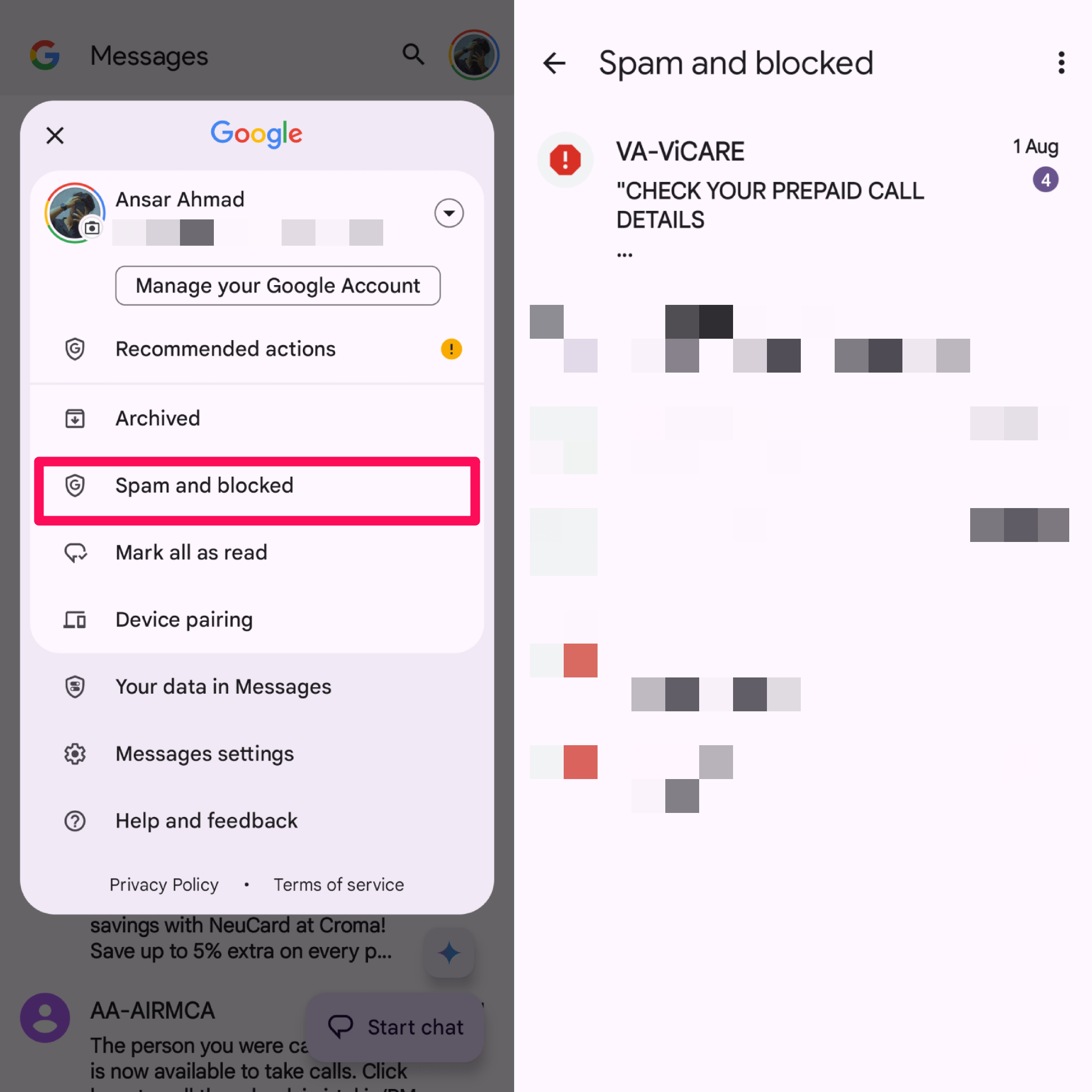 Tippen Sie auf Spam und blockiert und wählen Sie die Nachricht zur Wiederherstellung aus