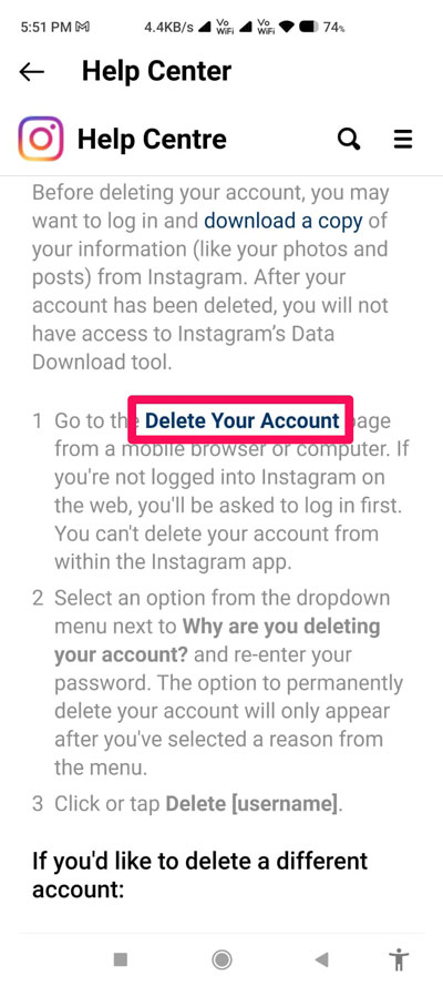 Elimina un account Instagram