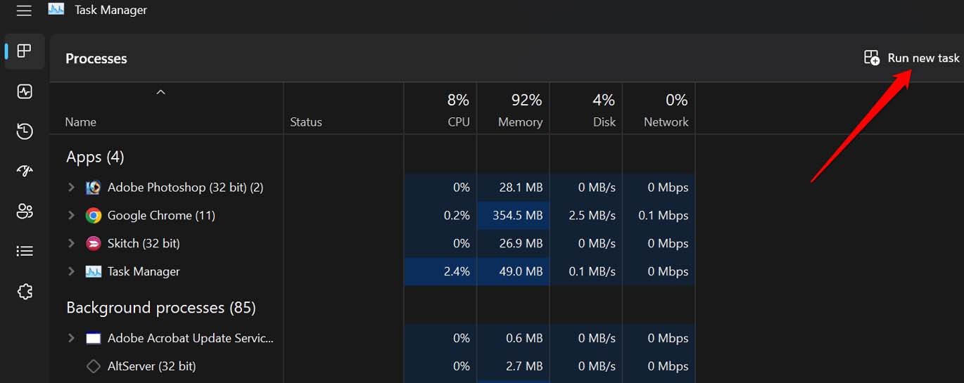ejecutar nueva tarea en el administrador de tareas de Windows