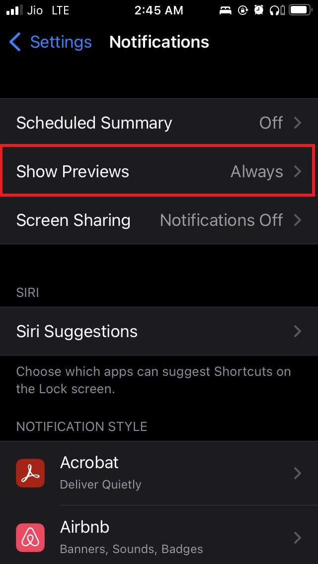 definir Mostrar Prévia de Notificação para Sempre