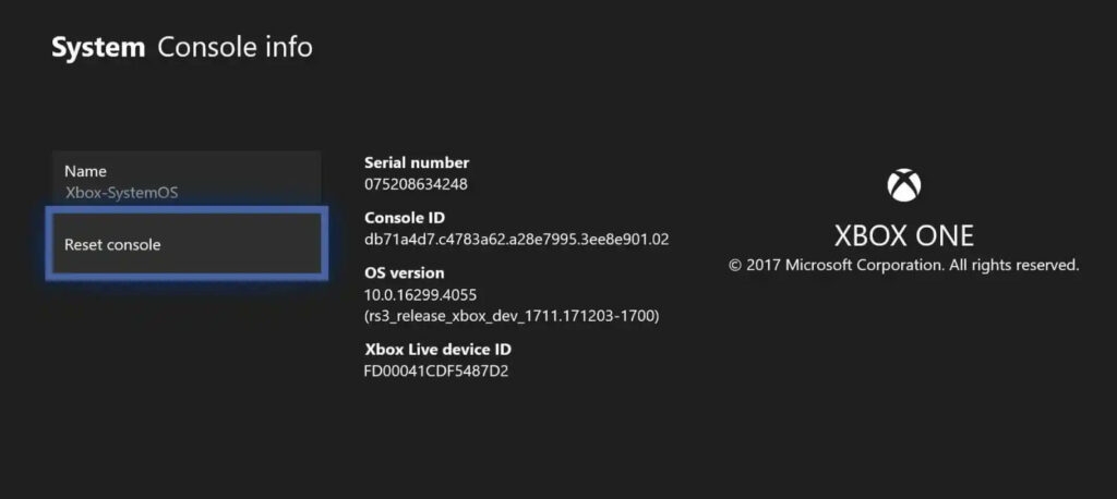 Restablecer el sistema - Xbox One se enciende y se apaga instantáneamente
