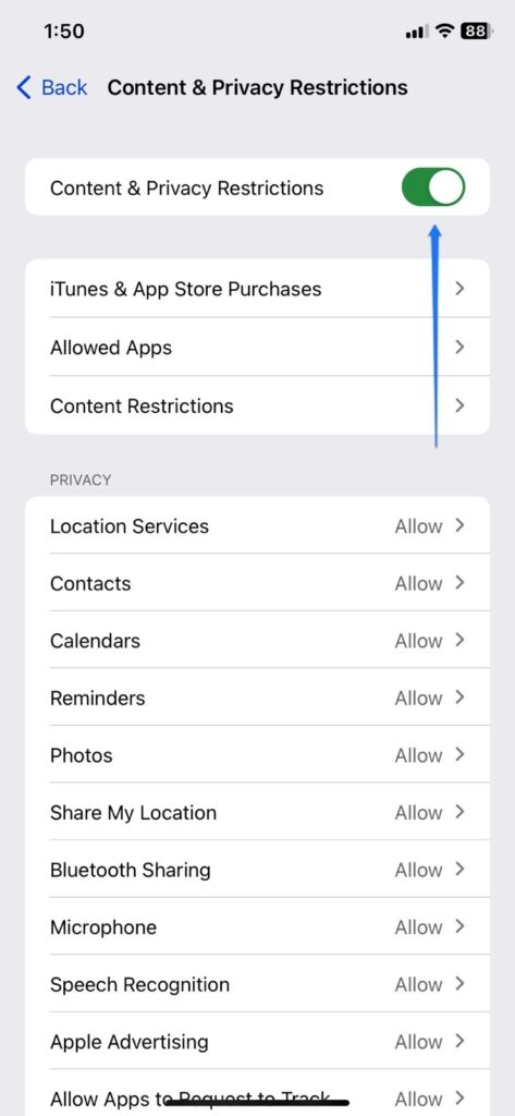 Désactiver les restrictions de contenu et de confidentialité - L'iPhone ne peut pas accéder à certains sites