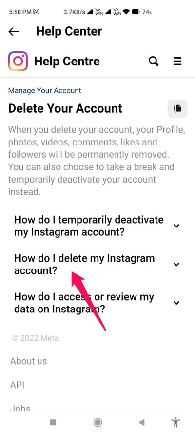 Elimina un account Instagram