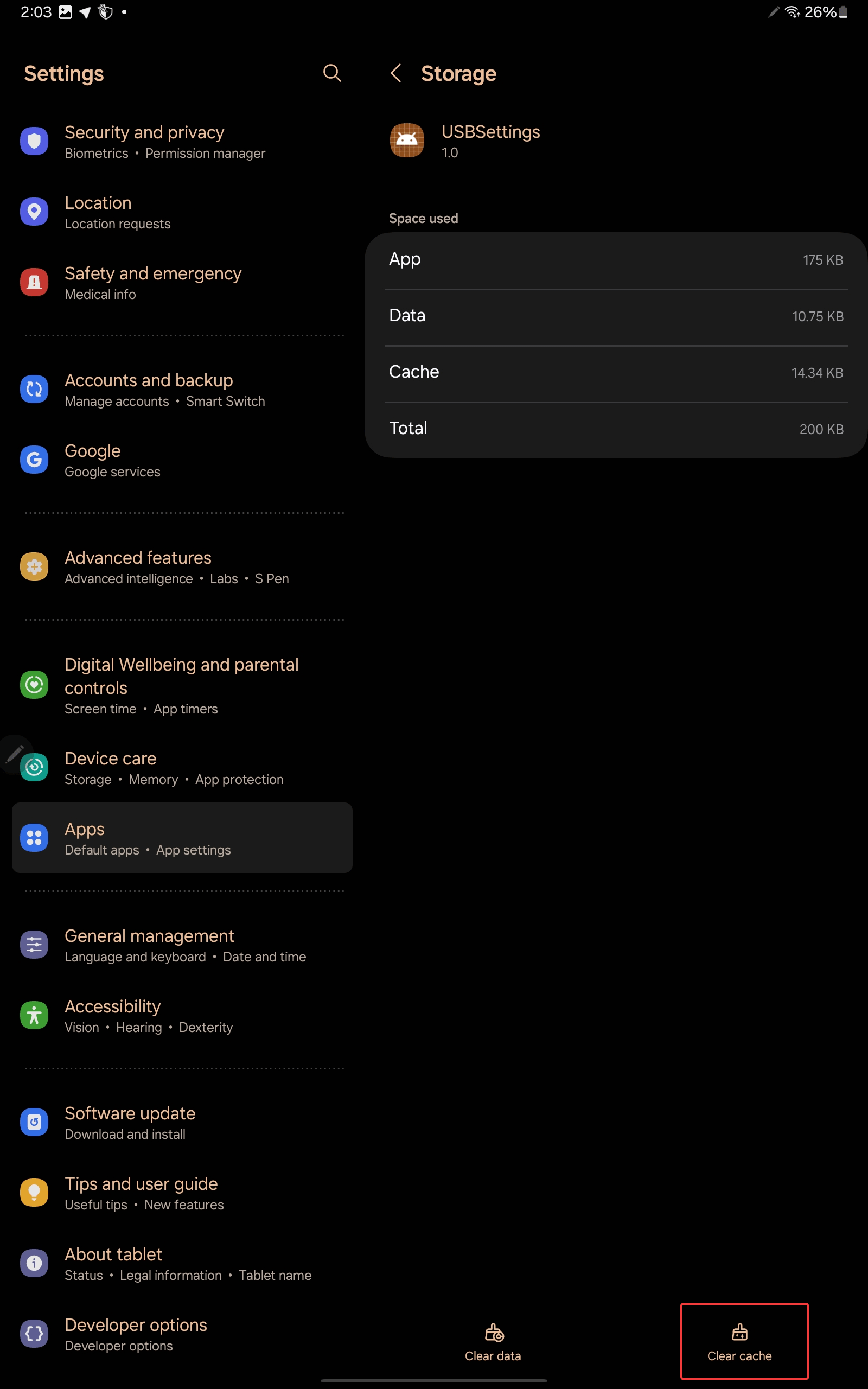 Limpar cache para USBSettings