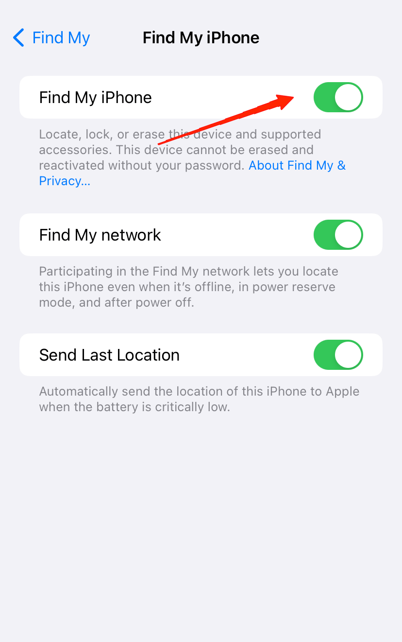 Dans l'étape suivante, vous activerez le bouton à côté de Localiser mon iPhone.