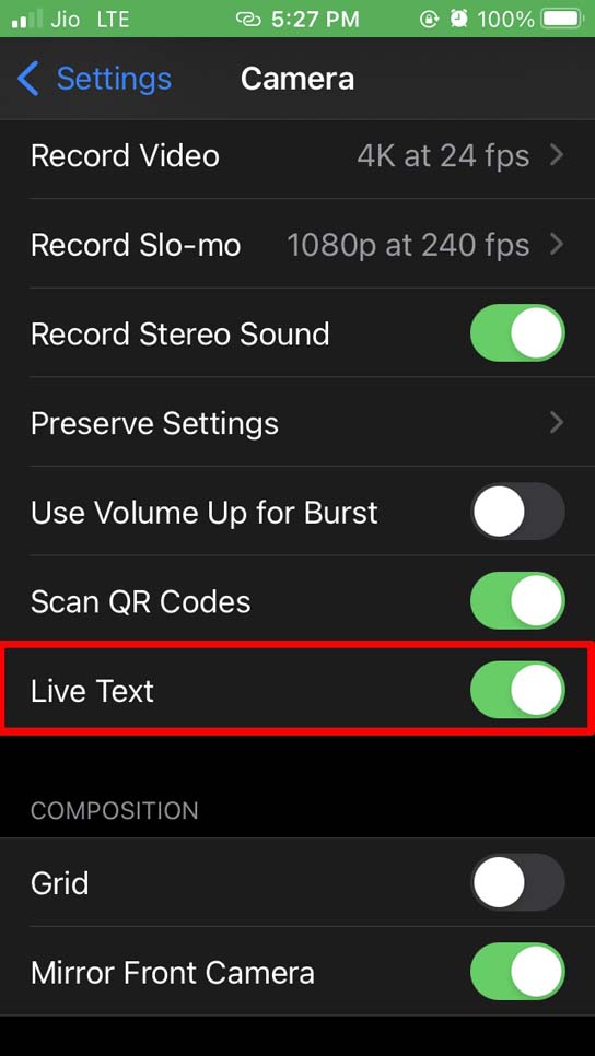 habilitar texto en vivo en iPhone