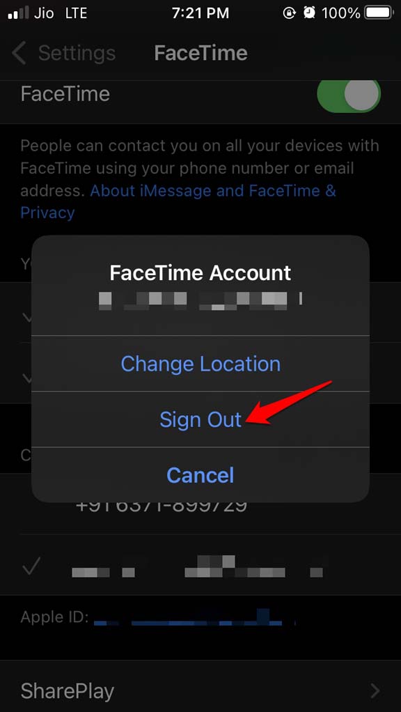 se déconnecter du compte Facetime