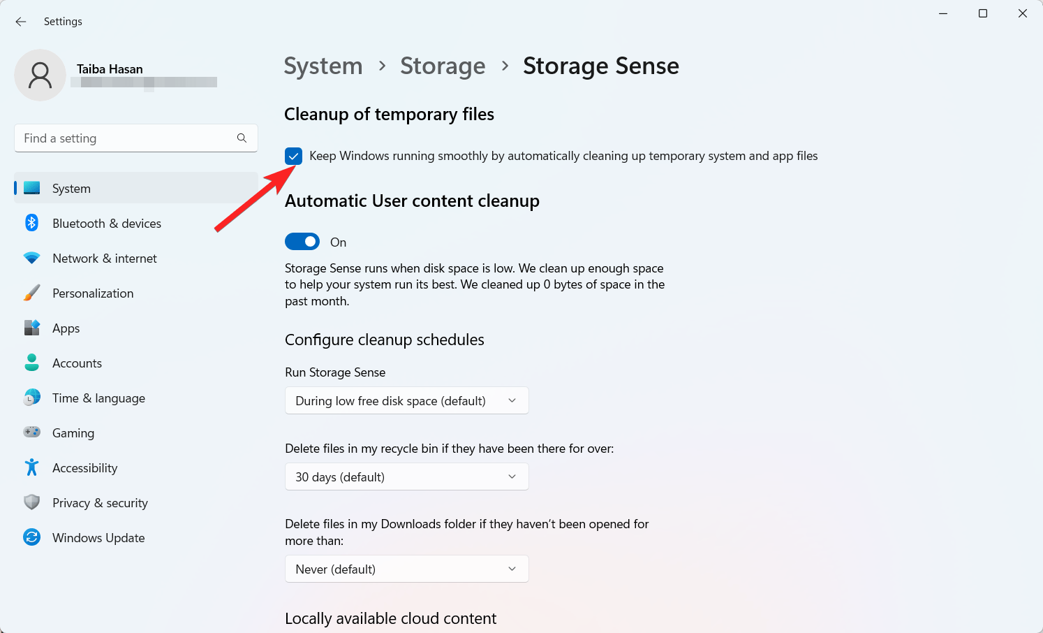 Paramètres pour le nettoyage des fichiers temporaires à l'aide de Storage Sense