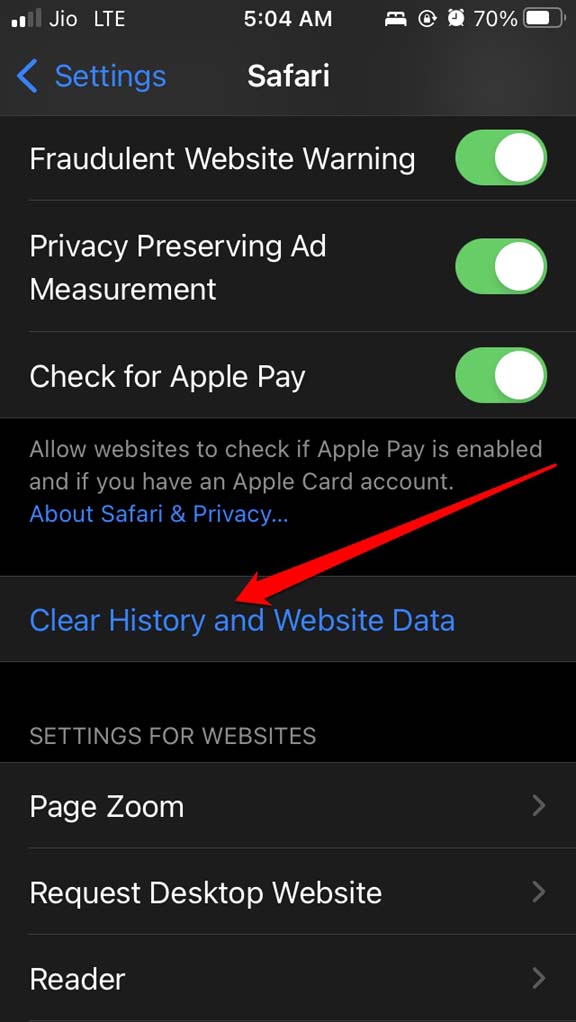 cancella dati del sito web su Safari