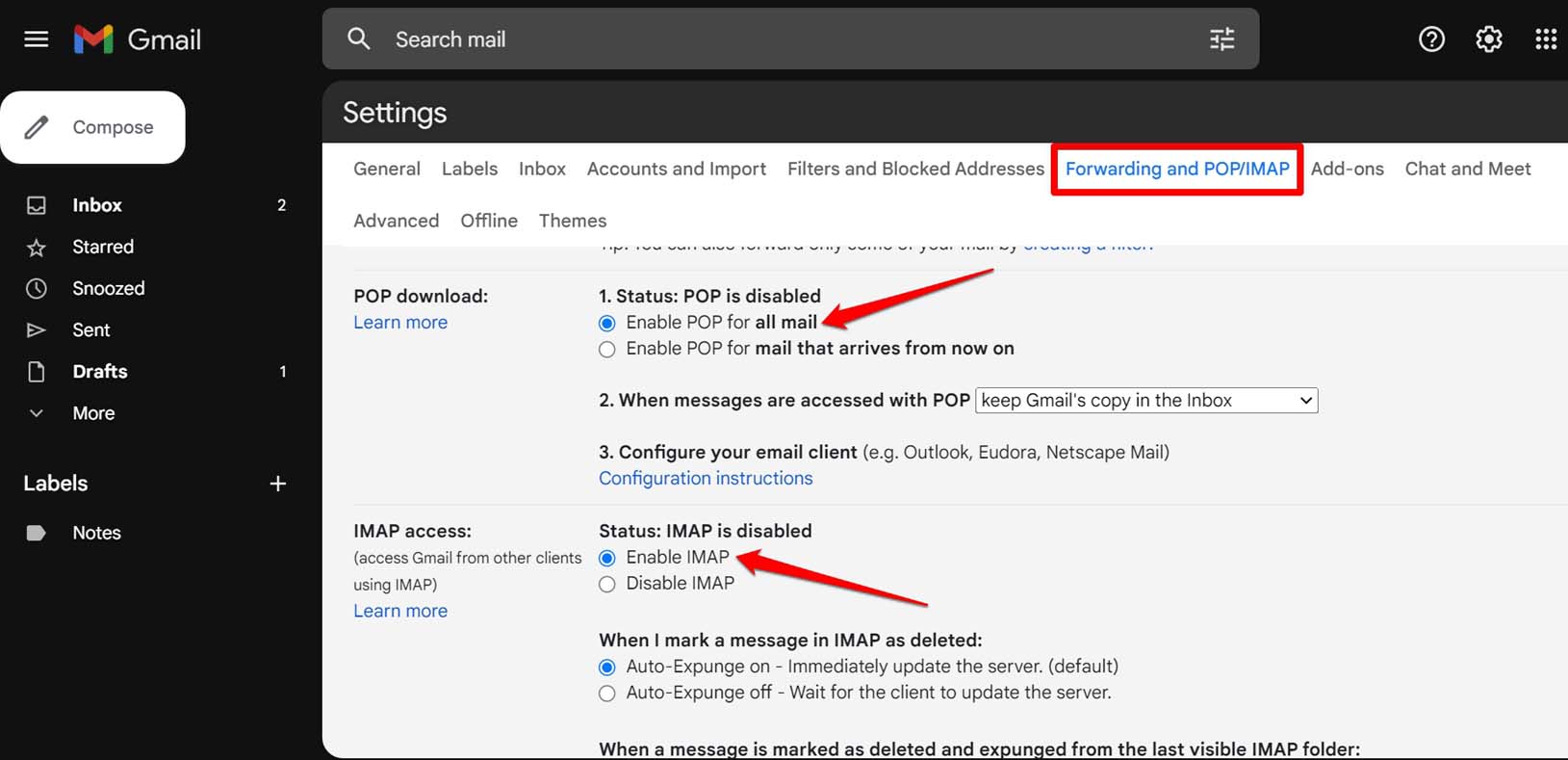 habilitar POP e IMAP en la configuración de Gmail