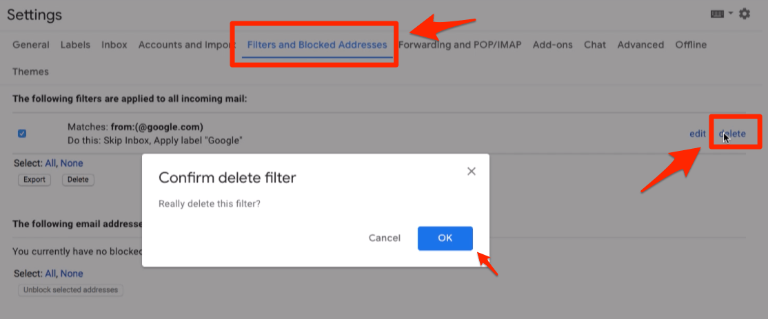Confirmer la suppression d'un filtre existant dans Gmail