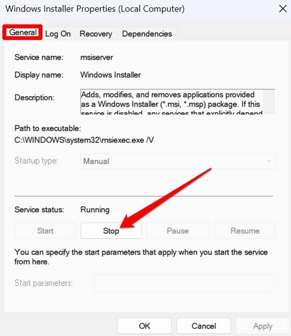 arresta l'installatore di Windows