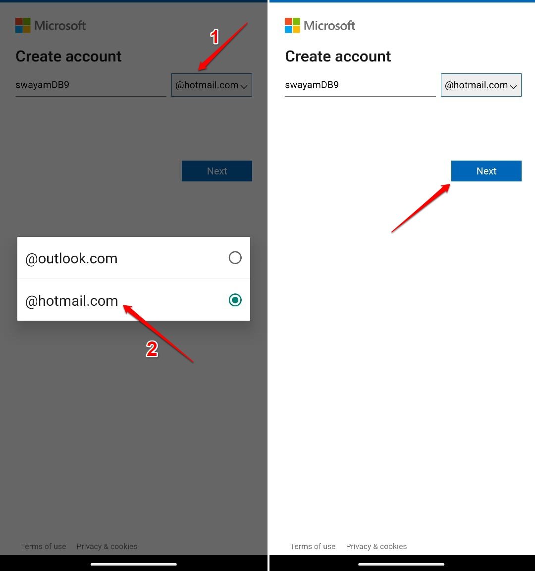 seleziona il dominio hotmail per il nome utente