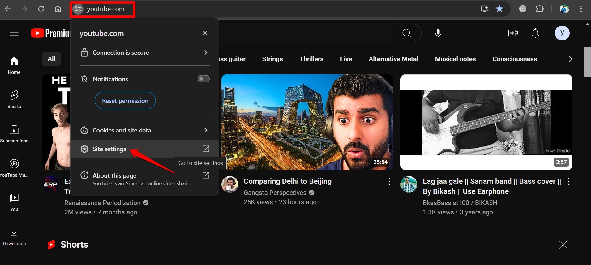 configuración del sitio de youtube en Chrome