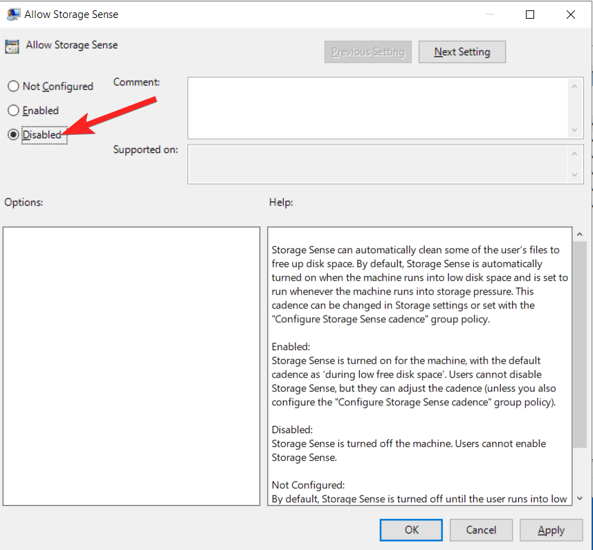 Sélectionnez l'option Désactivé pour autoriser l'option Storage Sense