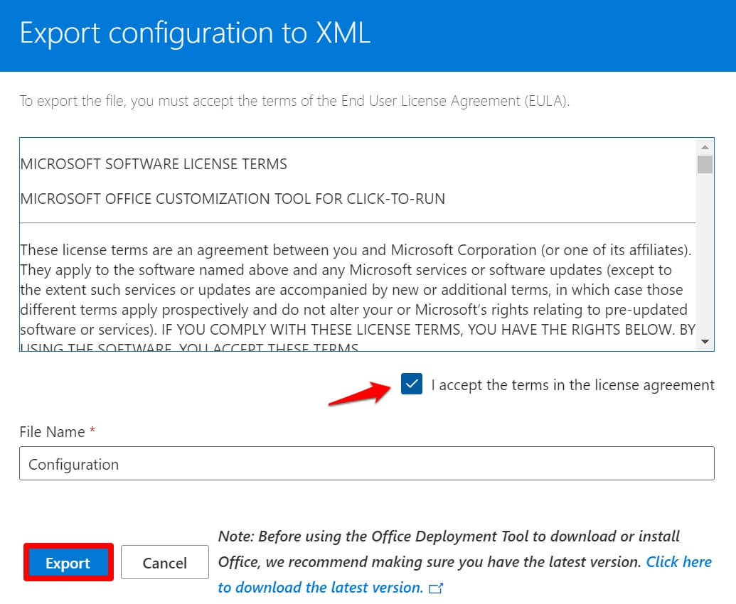 Lizenz akzeptieren und Konfiguration in XML exportieren