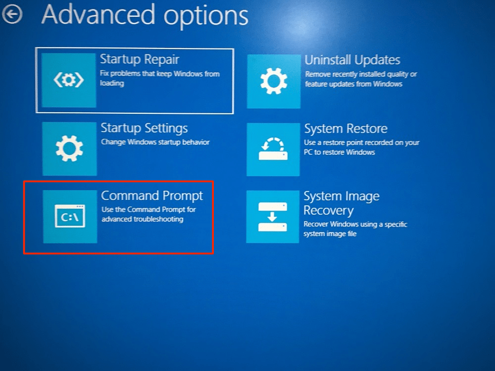 Windows 10回復モードでコマンドプロンプトを開く
