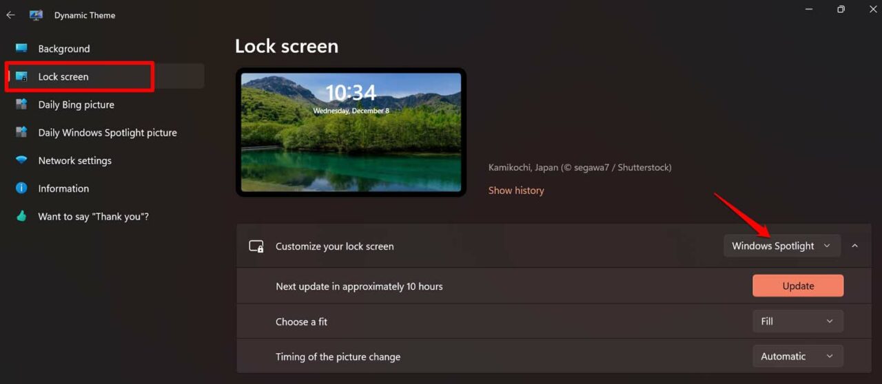 imposta Windows spotlight utilizzando l'app Dynamic theme