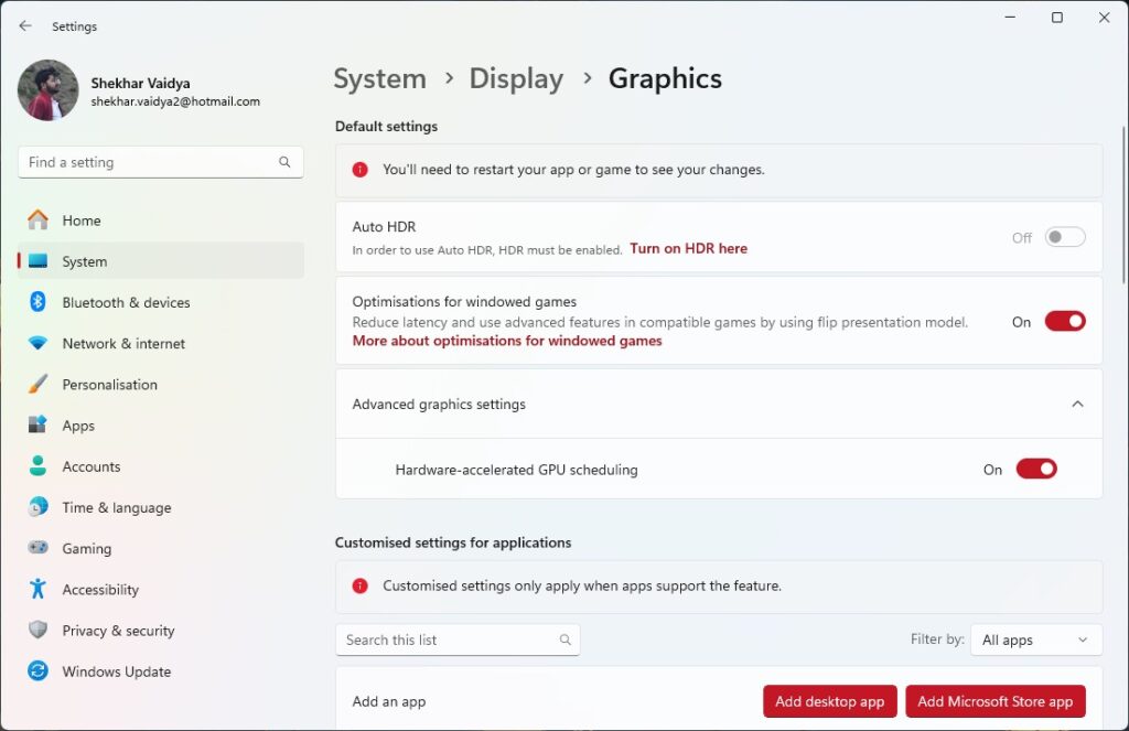 Impostazioni grafiche avanzate di Windows - Ottimizza Windows 11 per il gioco