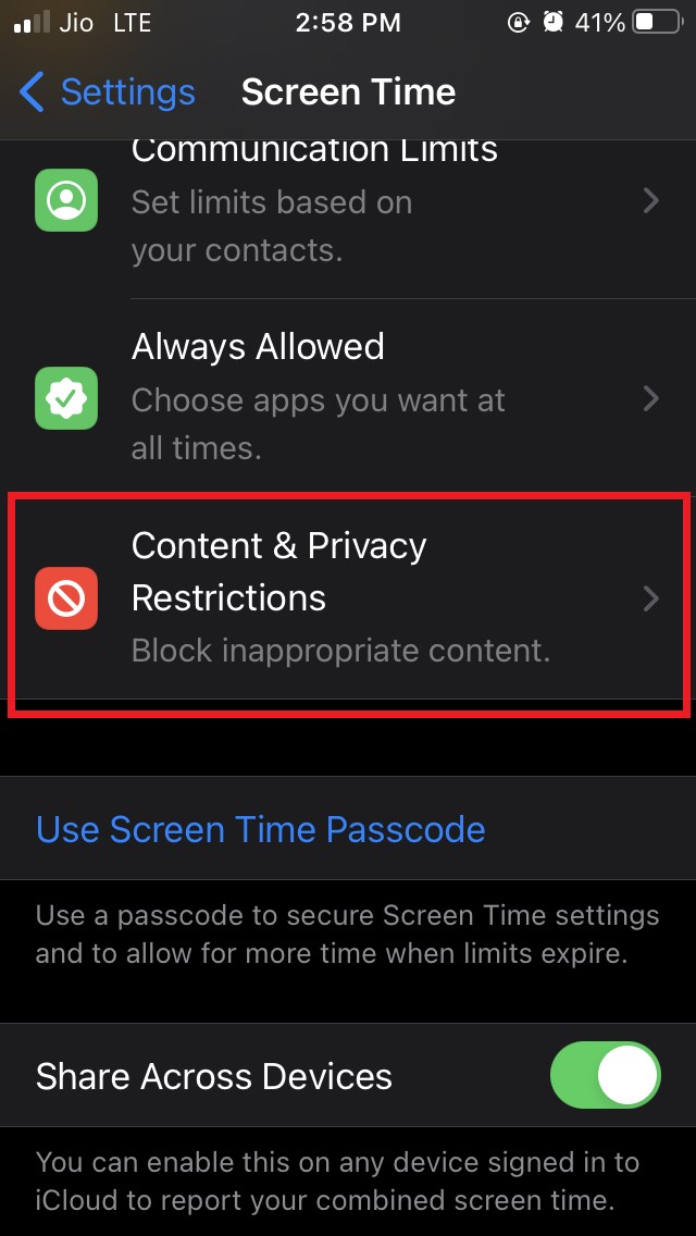 restrictions de contenu et de confidentialité iOS