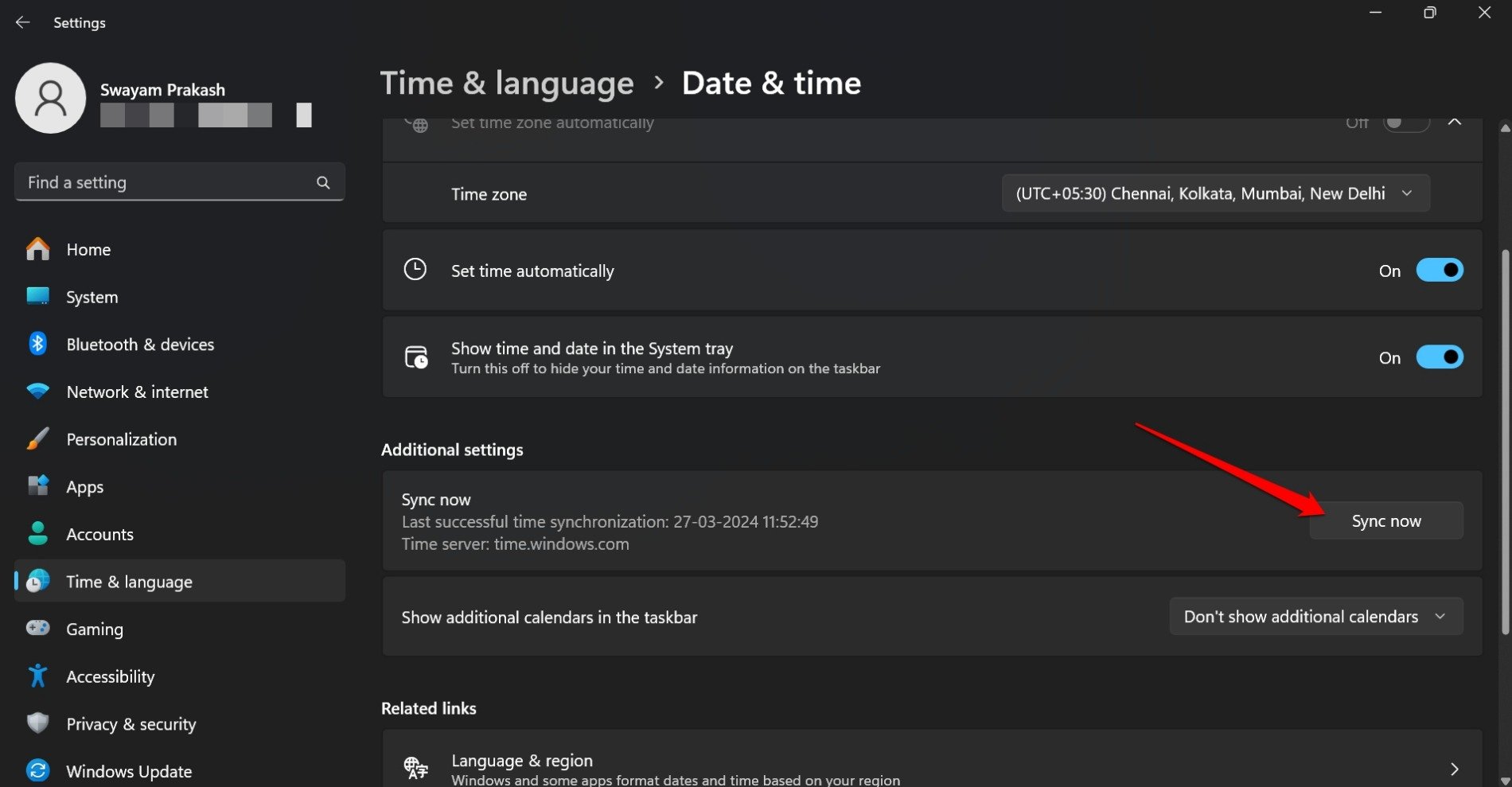 Windows 11の日付と時刻を同期する