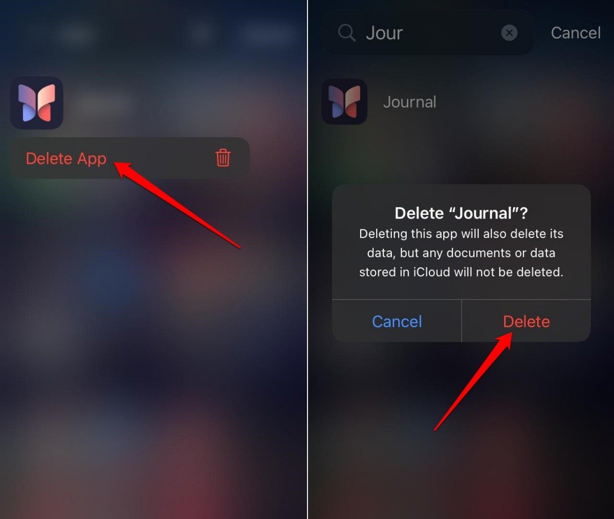 disinstalla app journal su iPhone