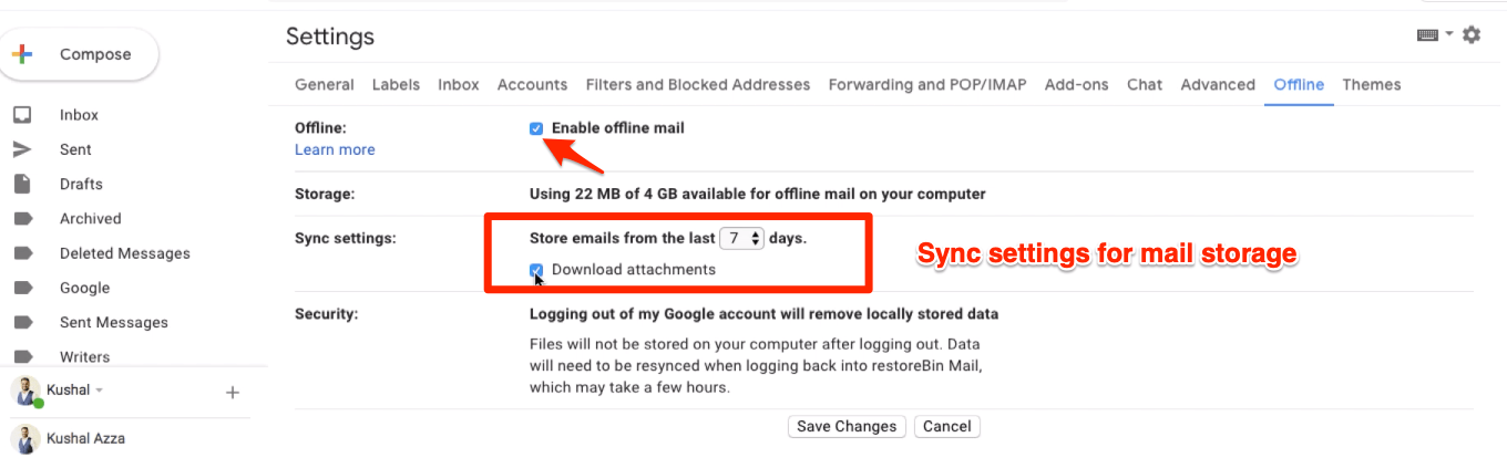 Pages de paramètres d'accès hors ligne de Gmail avec options de synchronisation et de stockage