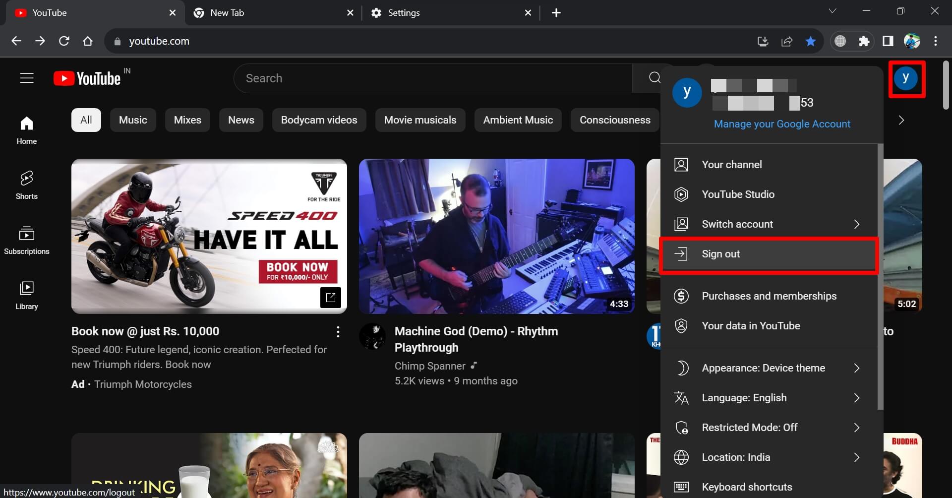 cerrar sesión en YouTube