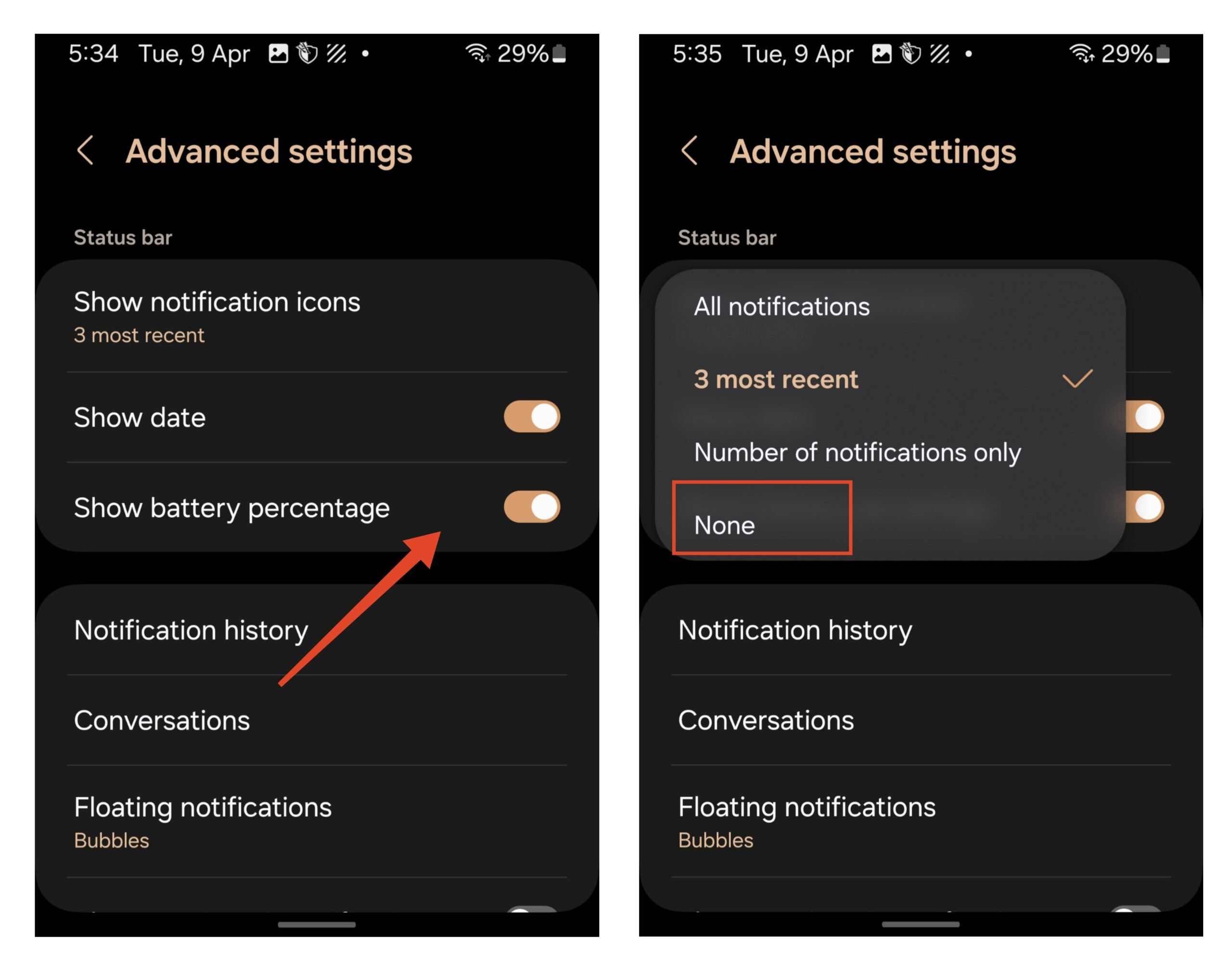 definir ícones de Notificações como Nenhum