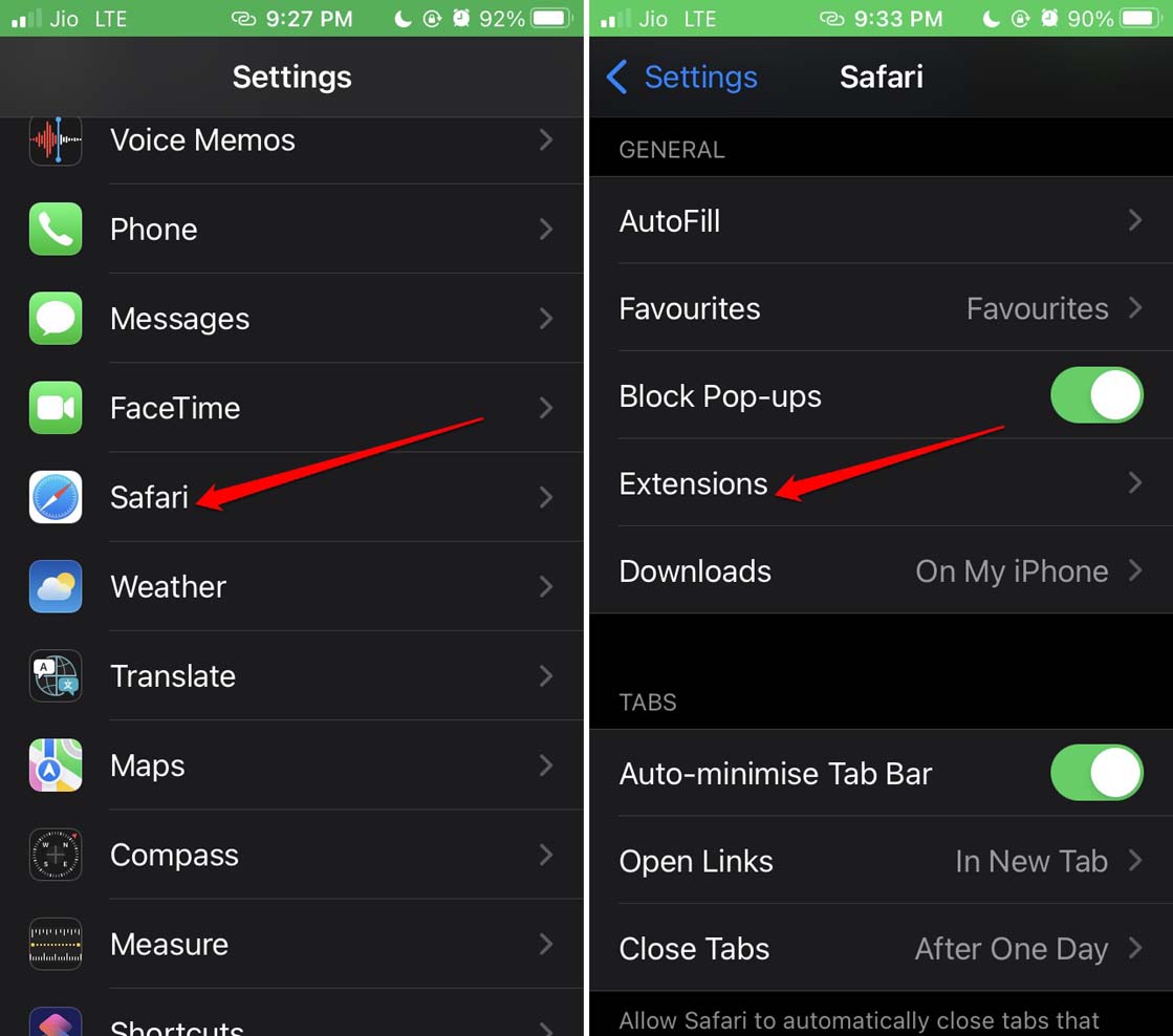 supprimer les extensions safari