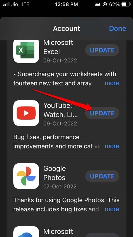 mettre à jour l'application YouTube iOS