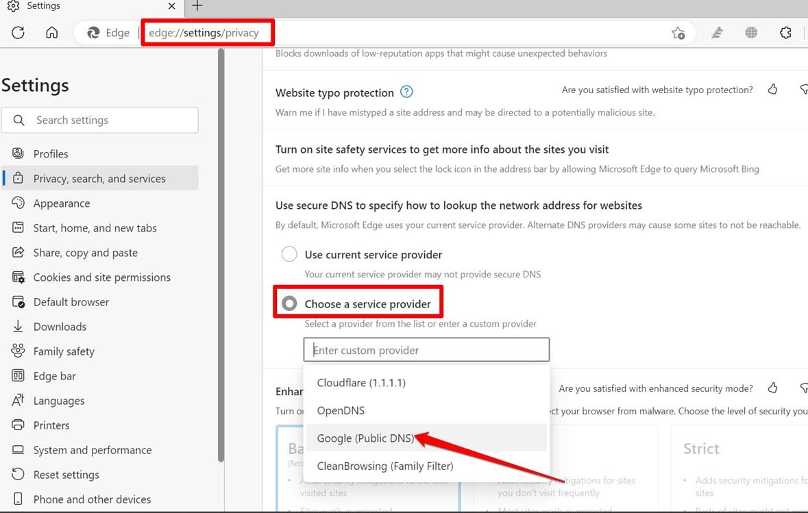utiliser Google DNS sur le navigateur Edge